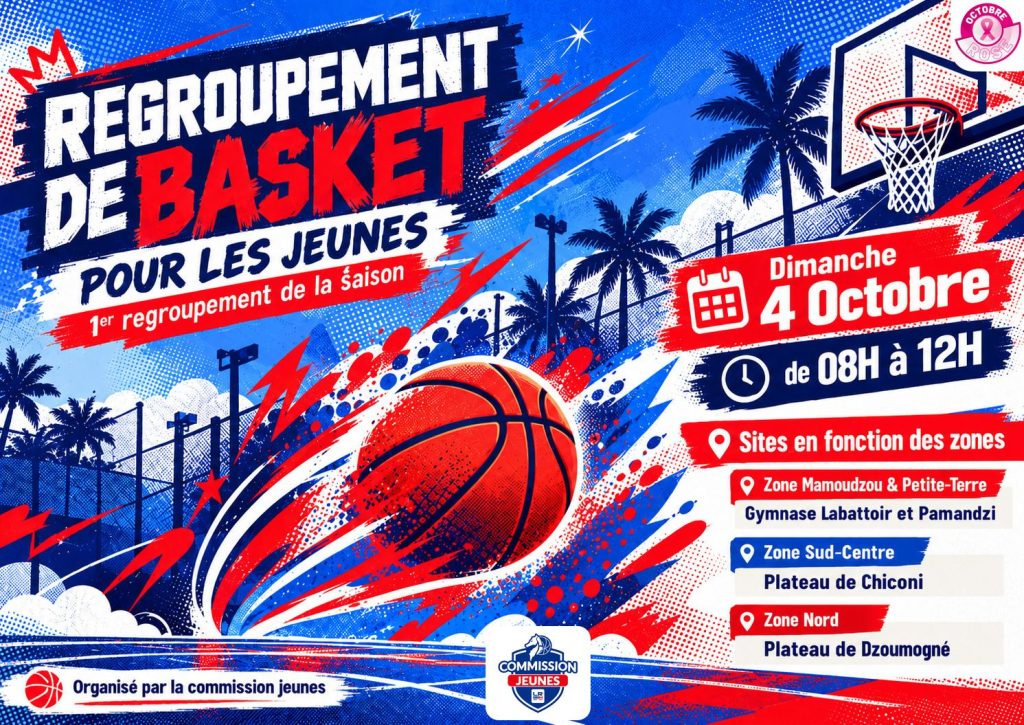 Affiche du 1er regroupement de basket pour les jeunes, dimanche 4 octobre 2026 de 8h à 12h, organisé par la Commission Jeunes de la LRBBM