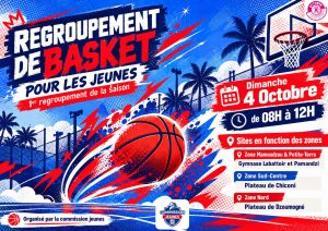 Affiche du 1er regroupement de basket pour les jeunes, dimanche 4 octobre 2026 de 8h à 12h, organisé par la Commission Jeunes de la LRBBM
